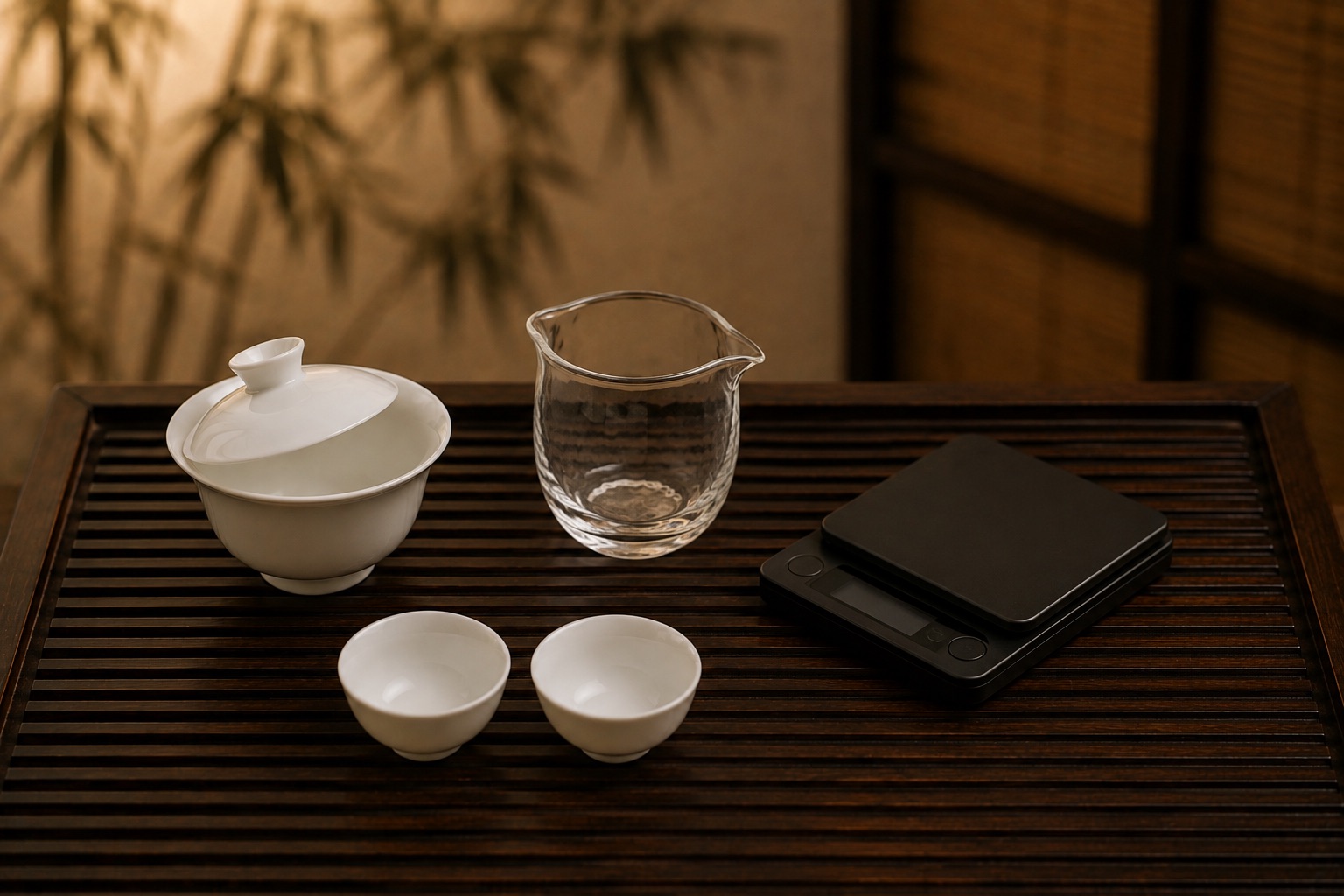 蓋碗、公道杯、茶杯與秤組成的選茶工作台