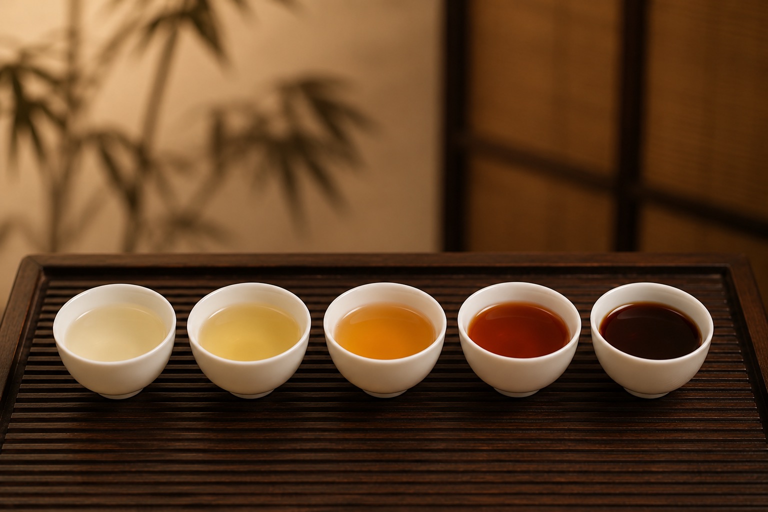 依湯色排列的五款中國茶樣