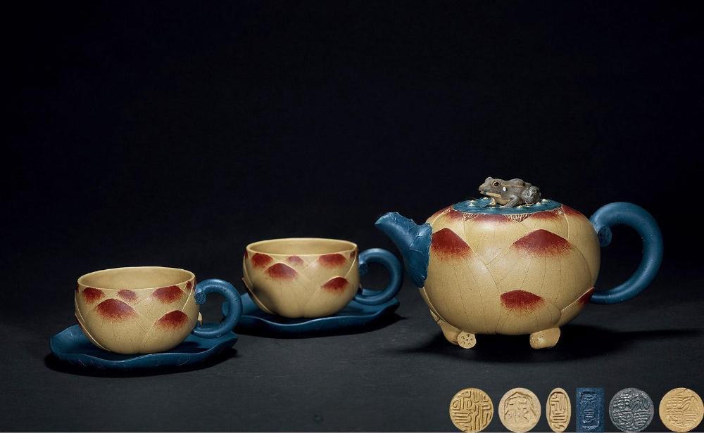 範永良作品1993年 範永良制 荷葉青蛙壺 五頭套組
